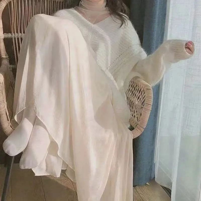 Комплект из 2 предметов Женский вязаный пуловер оверсайз и платье сетчатой пряжи