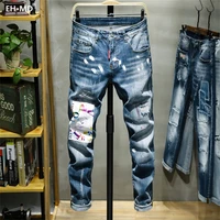 eh %c2%b7 md%c2%ae varnished jeans mens hole patch embroidery soft soft cotton elastic red leather label light blue slim pants red ears