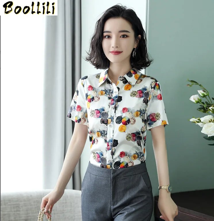 Boollili Womens Tops and Blouses Real Silk Blouse Plus Size Shirts Elegant Office Ladies Wear Summer Short Sleeve Shirt