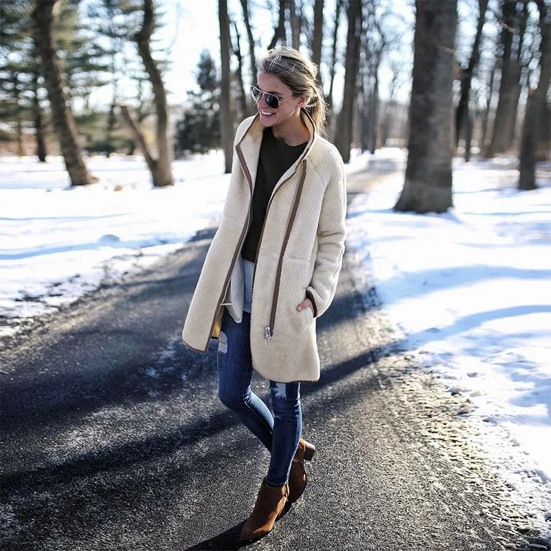 

Fleece Jacket Winter Women's Turtleneck Coat Solid Color Long Sleeve Zipper Parka Jacket Jacket Female Coat Korean Windbreaker