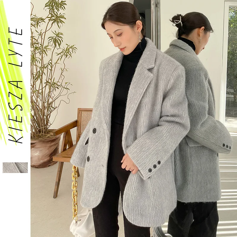 

Женское шерстяное пальто, новинка 2022, женское серое двубортное пальто, шикарное Свободное пальто, утолщенное пальто, женская верхняя одежда