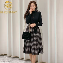 Winter Womens Korean Style Knit Dress Fashion Turtlenck sweater Knit Spliced Plaid High Waist A-line Dress Vestidos Knee Length