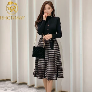 winter womens korean style knit dress fashion turtlenck sweater knit spliced plaid high waist a line dress vestidos knee length free global shipping