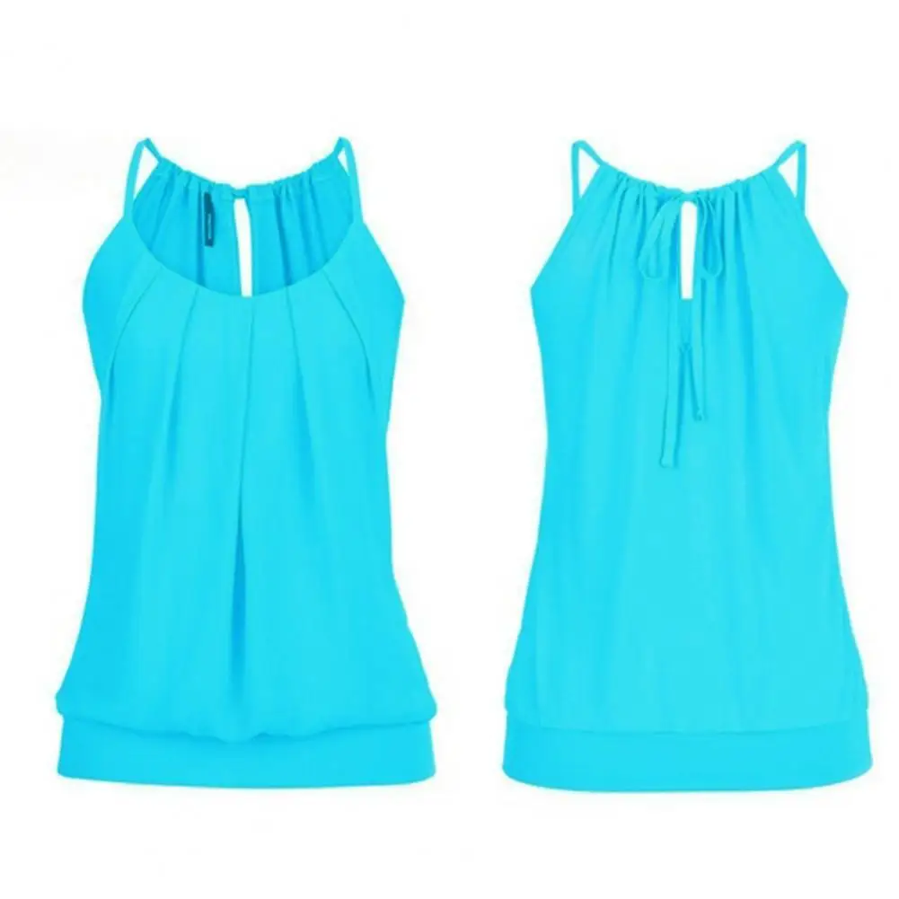 

Casual Women Camisole Sleeveless O Neck Solid Color Bandage Pleated Vest Sexy Casual Blouse Top 2021 Summer Basic Tanks Tops