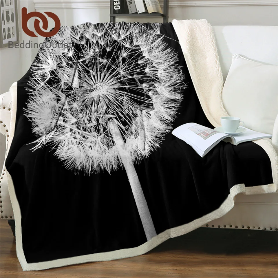 Одеяло BeddingOutlet с рисунком одуванчика плюшевое покрывало цветами черно белое