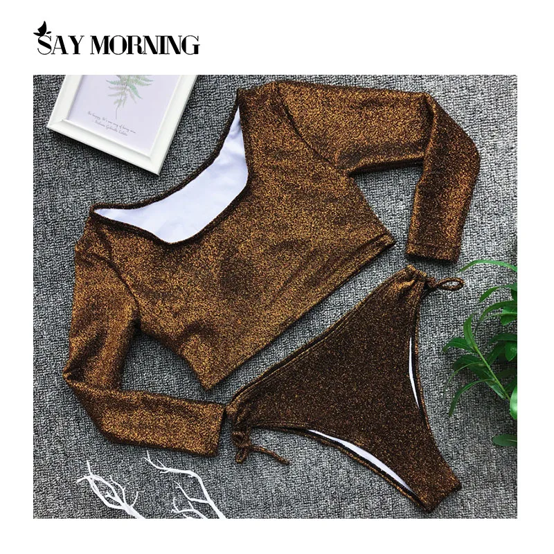 SAY MORNING сексуальный купальник с длинными рукавами блестящее бикини комплект из