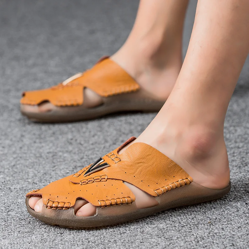 

Men'S Sandals Summer Leather Fashion Breathable Slippers Daily Casual Beach Rubber Flat Shoes Size 38-48 Wholesale