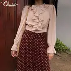 2021 модная шифоновая блузка Celmia, осенние женские рубашки с оборками и длинным рукавом, повседневные однотонные свободные милые Стильные топы, блузы оверсайз