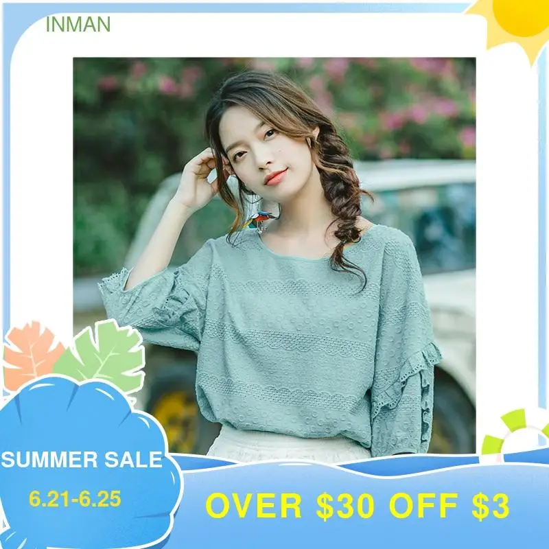 INMAN летняя белая или синяя элегантная Милая женская блузка с круглым вырезом