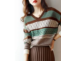 women sweater autumn winter new all match stitching printed knitwear loose long sleeve v neck pullover sweater top women fashion