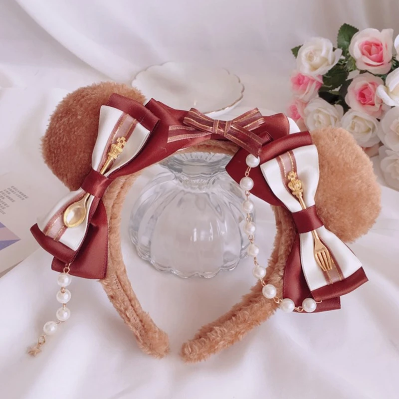 

Sweet Lolita Plush Bear Ears Headband Kawaii Bow Pearl Chain Cosplay Hair Hoop LX9E