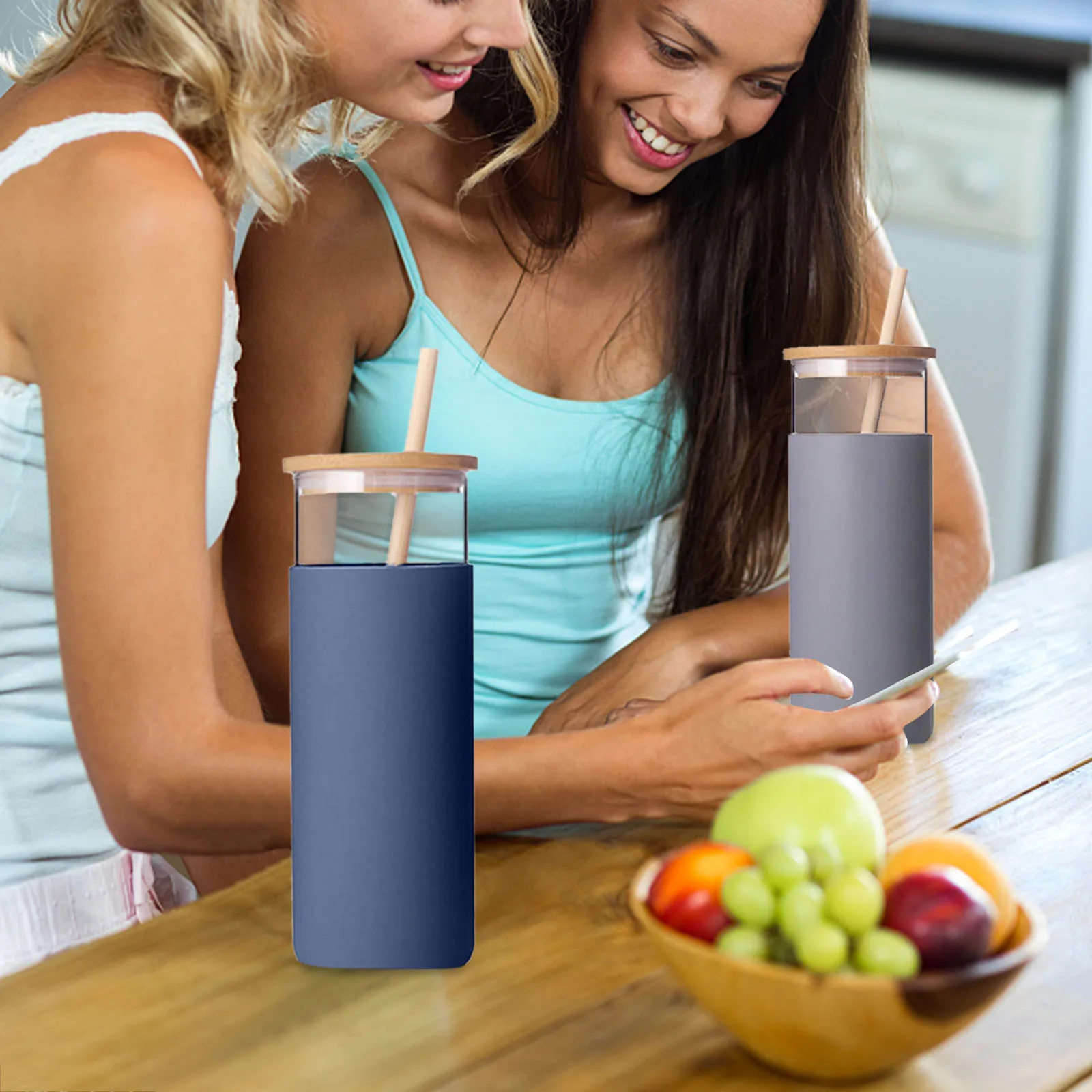 Силиконовая стеклянная трубочка чашка для воды креативная бамбуковая крышка