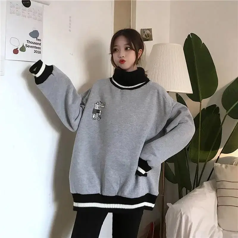 

Autumn and winter 2021 new half-high collar plus velvet sweater for female students loose jacket tide