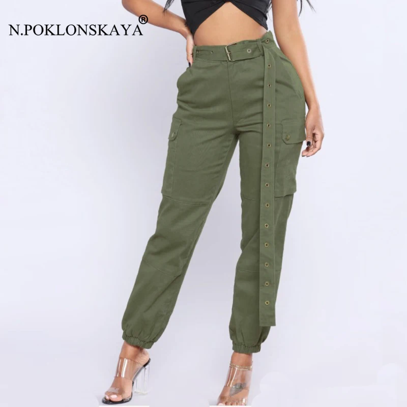 Брюки карго Женские однотонные модные длинные брюки с поясом уличная одежда в