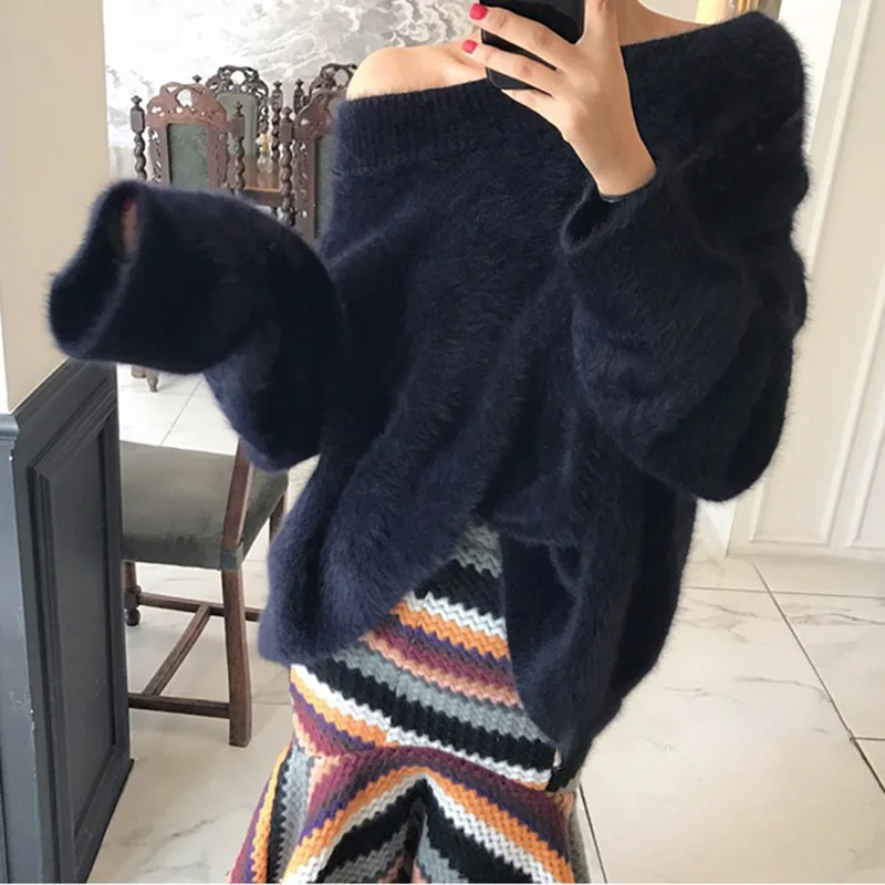 Женские осень-зима с вырезом лодочкой имитацией меха норки розового свитера