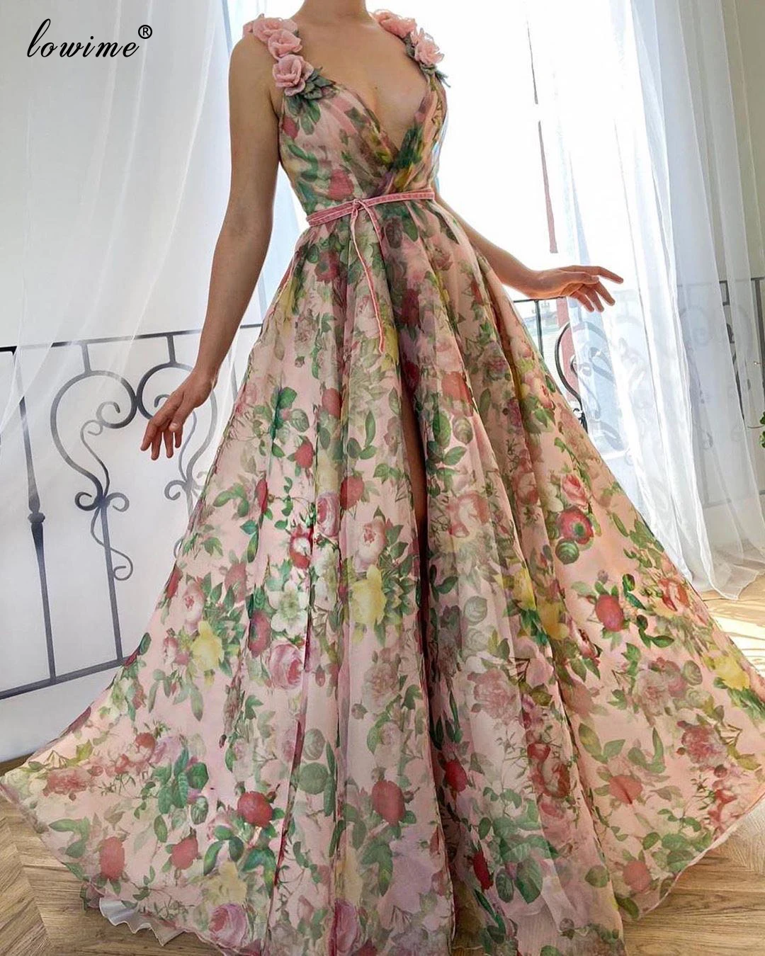 Женское шифоновое платье знаменитости длинное с цветочным принтом и v образным