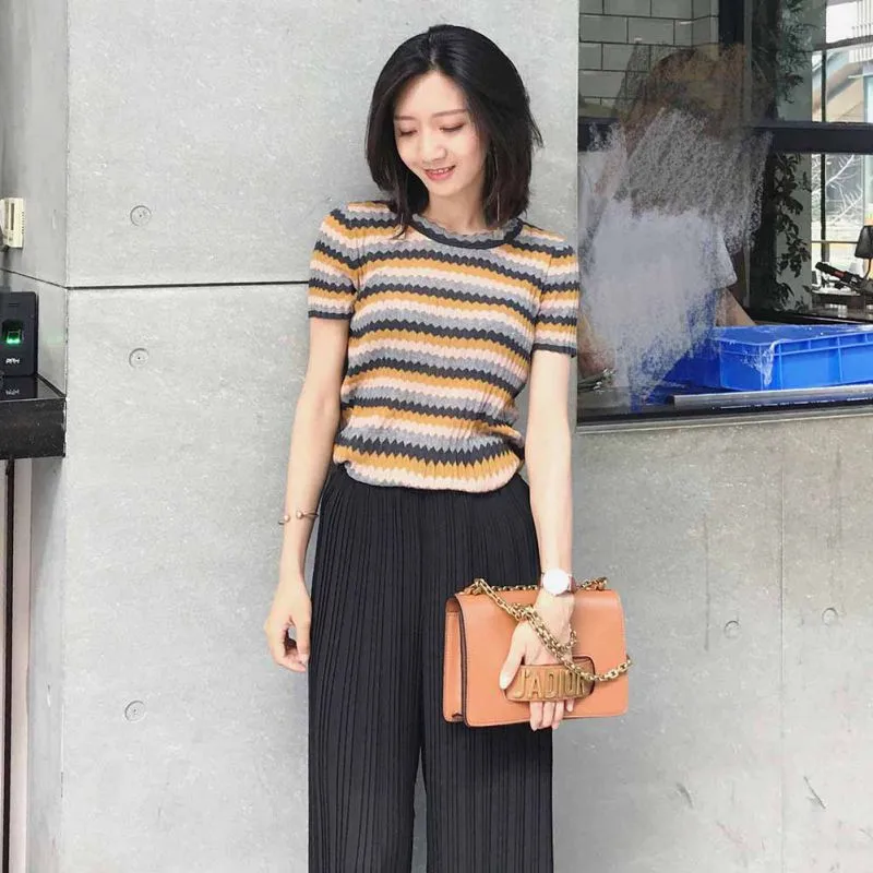 Летняя новинка женская тонкая полосатая футболка в стиле ретро шелковая с