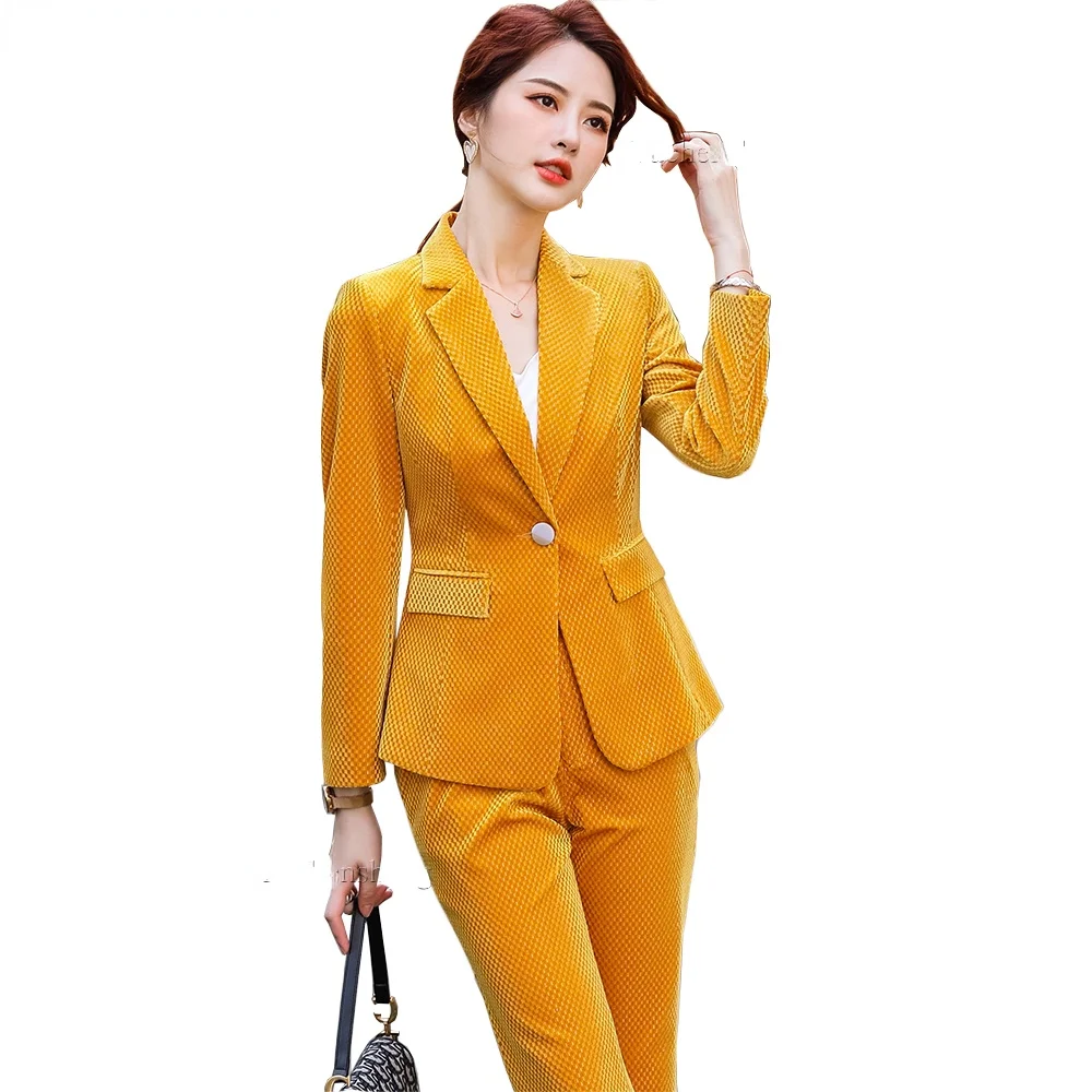 

Women Fashion Yellow Blue Red Plaid Pant Suit Jacket Coat And Full Length Trousers Slim 2 Piece 2020 New Arrival Blazer Set