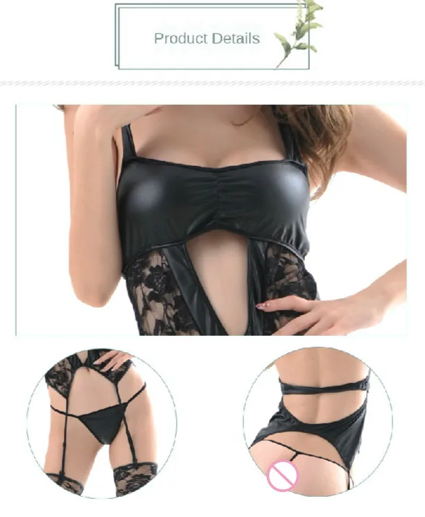 

Exotic Leather Women Sexy Mesh Lingerie Set Transparent Lace Bustier Corset Hot Erotic Thong Latex See Through Garter Stockings