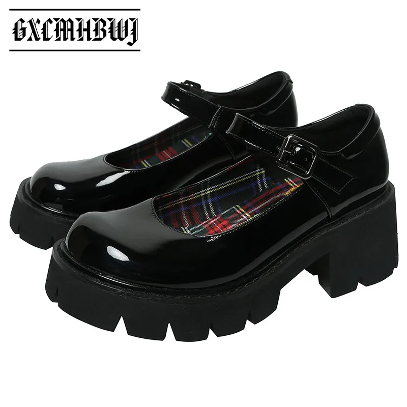 

GXCMHBWJ Patent Leather Vintage Platform Mary Jane Shoes For Women Plaid Inside Thick Bottom High Heels Lady Gothic Lolita Pumps