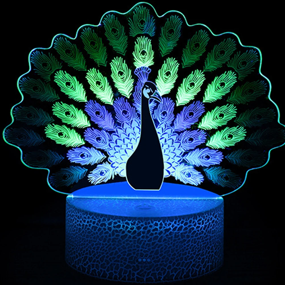 

USB LED Night Light Peacock Owl 3d Visual Night Light Rgb Colorful Dynamic Touch Control Children Bedroom Decor Small Book Light
