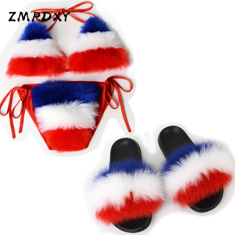 

Women's Fox Fur Slippers Ladies Rainbow Raccoon Fur Bikini Sets Bra Female FurSlides Sexy Biquini Swim Suit Underwear Detachable