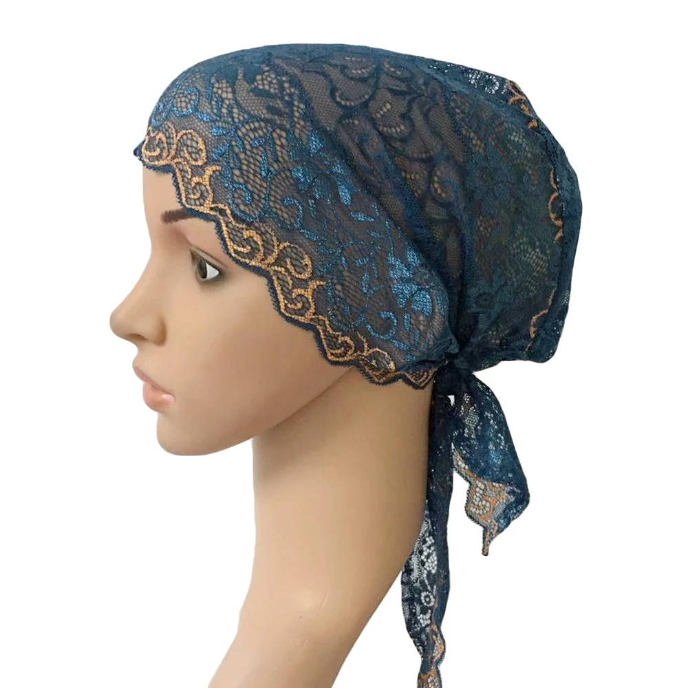 46 Blue Orange Flower Women Muslim Inner Cap Lace Head Wrap Cover Scarf Islamic Headwear Bonnet Hat Skullies Beanies Hair Loss Fashion - Цвет: 46 Blue Orange