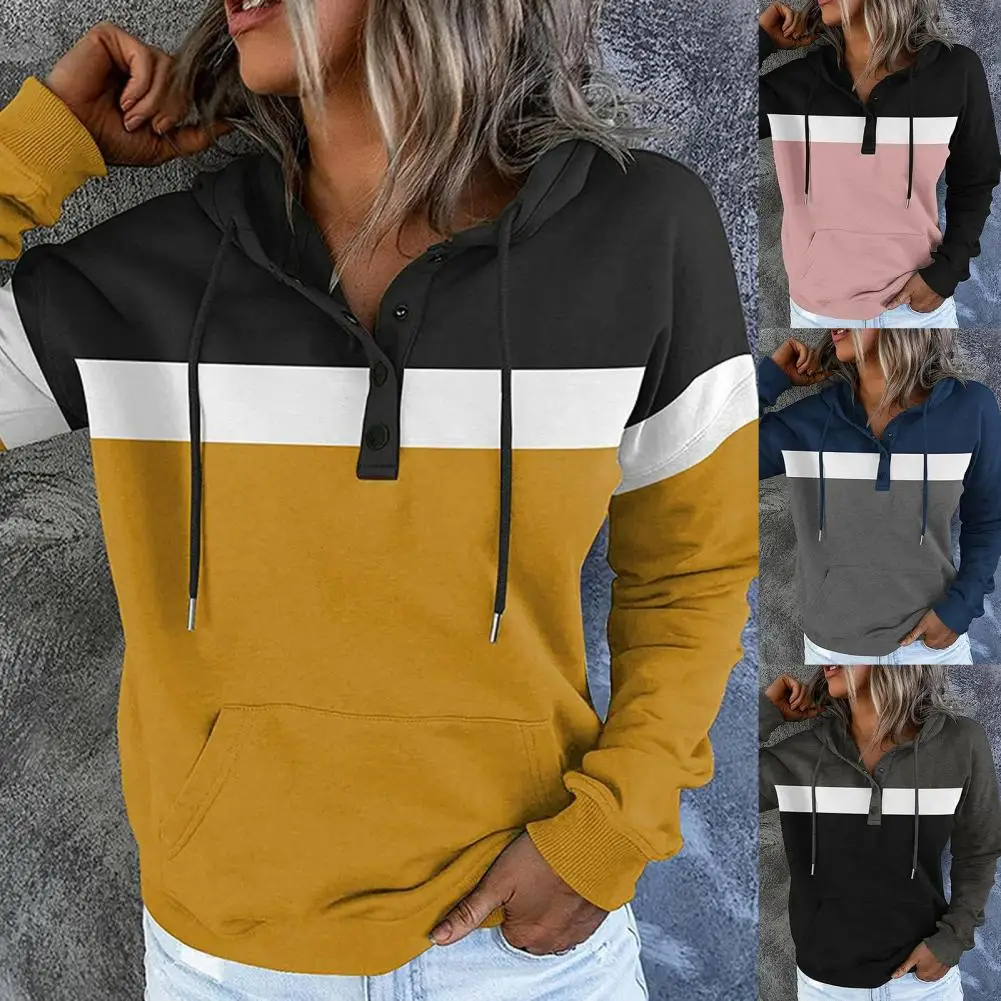 

Women Casual Drawstring Button Tops Pullover Vintage Printed Hooded Sweatshirt Loose Autumn Winter Long Sleeve Hoodie