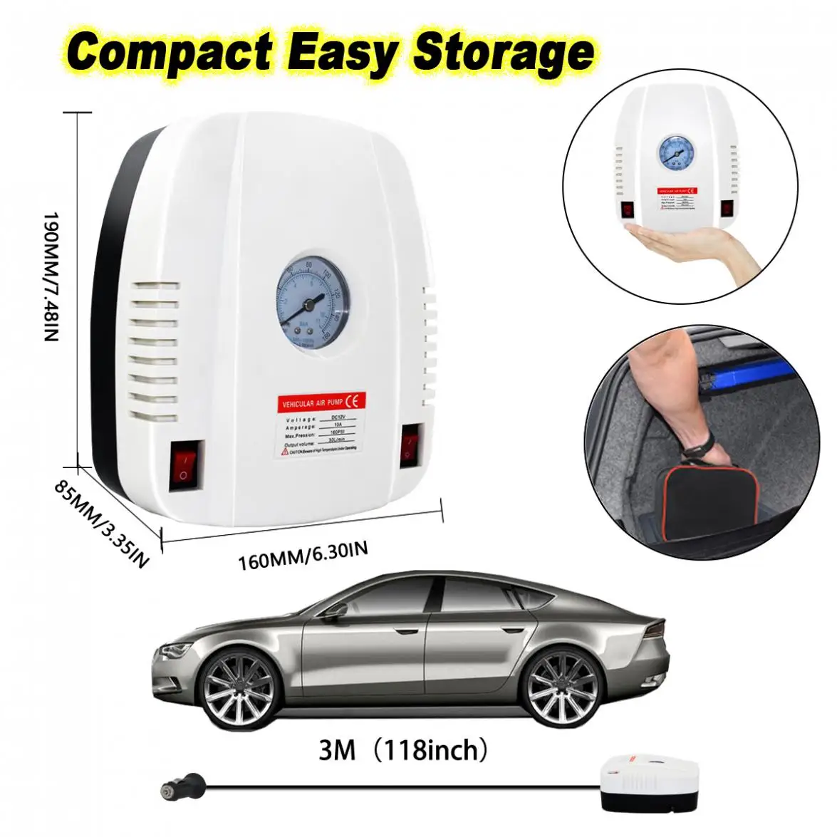 Насос для шин портативный автомобильный воздушный компрессор 12 в пост. Тока 100PSI| |