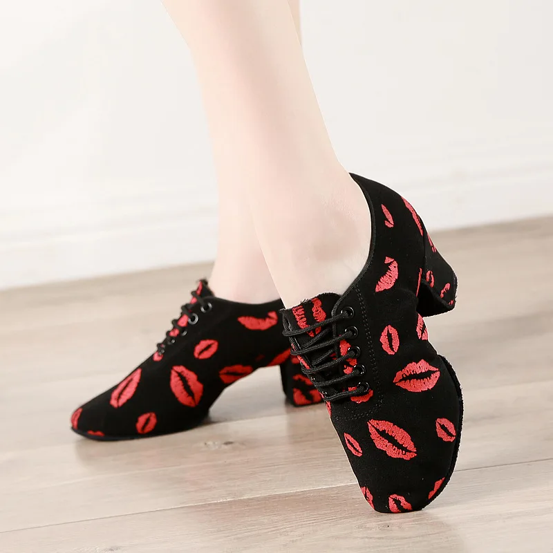 Женские Танцевальные Кроссовки для латинских танцев с принтом губ Детские
