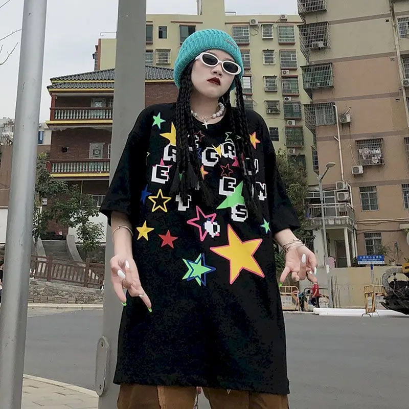 

Винтажная футболка с мультяшным принтом звезд в стиле Харадзюку, большая летняя Свободная Повседневная Универсальная женская футболка бол...