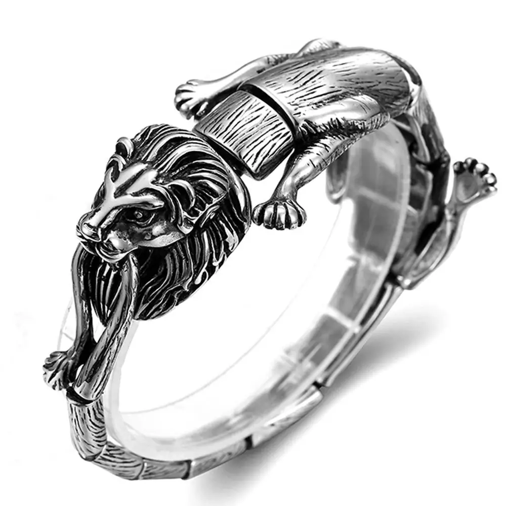 

Top Quality Steel Bracelet Punk Rock Personality Animal Lion Head Men Bracelet Wristband Friendship Bracelet Jewelry Cool Gift