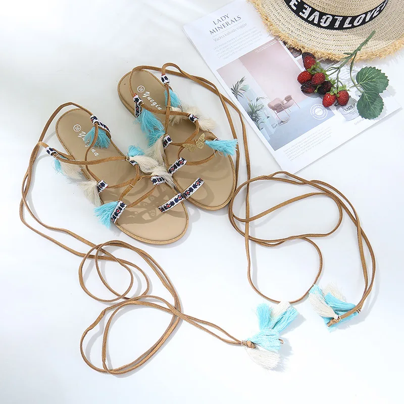 

gladiator sandals women shoes tassel flat multi color fur ball pom pom sandals female ankle strap bohemian summer shoes