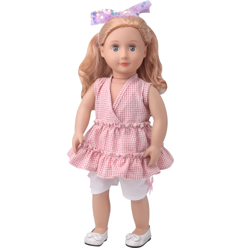 

18 Inch Girls American Dolls Clothes Summer Pink Plaid + White Shorts Dress Born Baby Toys Accessories 43 Cm Boy Doll c904