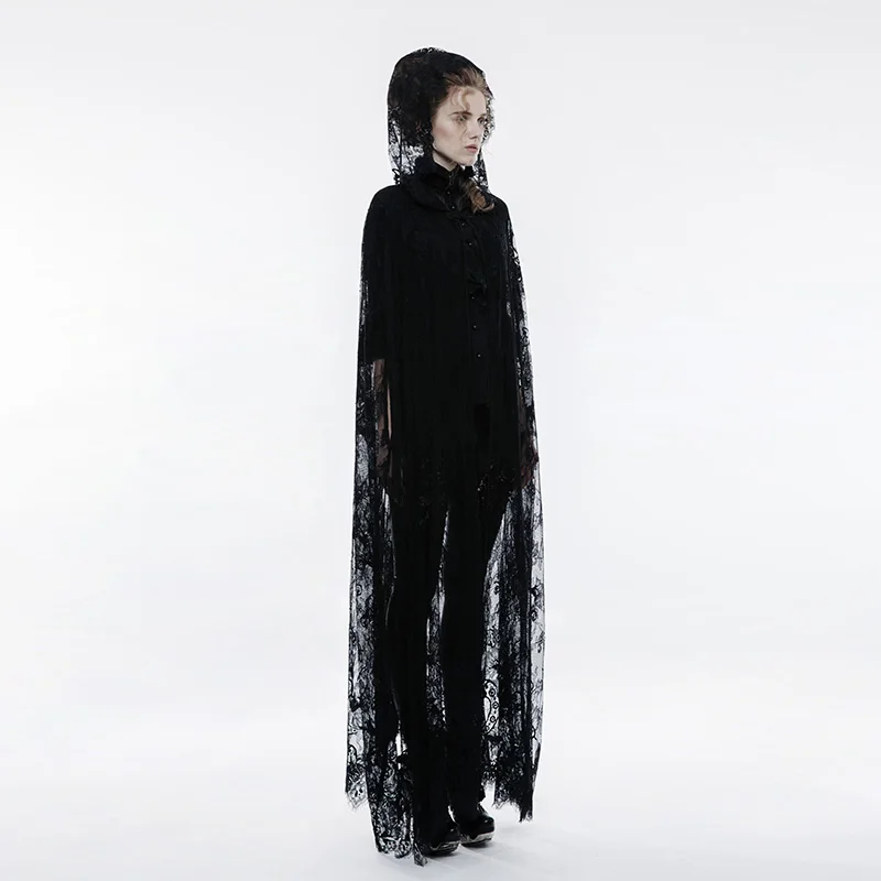 Черное пальто в стиле панк готический стиль с кружевной цветочной вышивкой