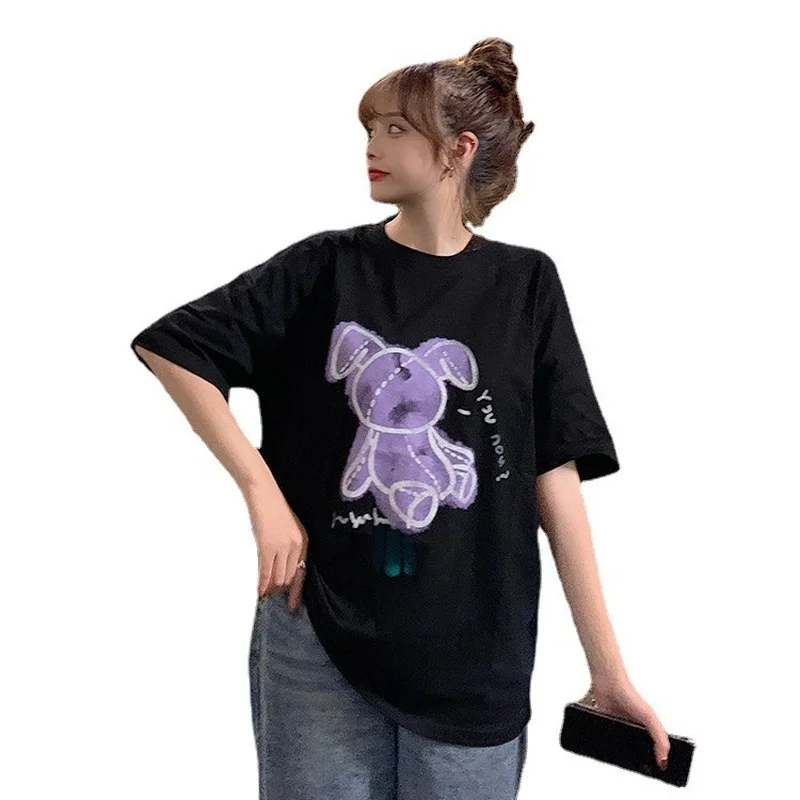 

Purple Cartoon Bear Print Short-Sleeved T-Shirt Y2K Tops Women's 2021 Summer Korean Dark Oversized Kawaii Mid-length Graphic Tee