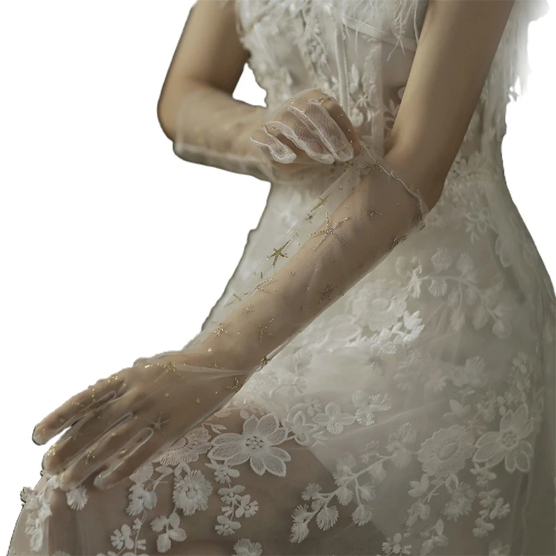 

Womens Ultra Thin Tulle Elbow Long Wedding Gloves Solid Color Sheer Transparent Sunscreen Vintage 1920s Opera Mittens