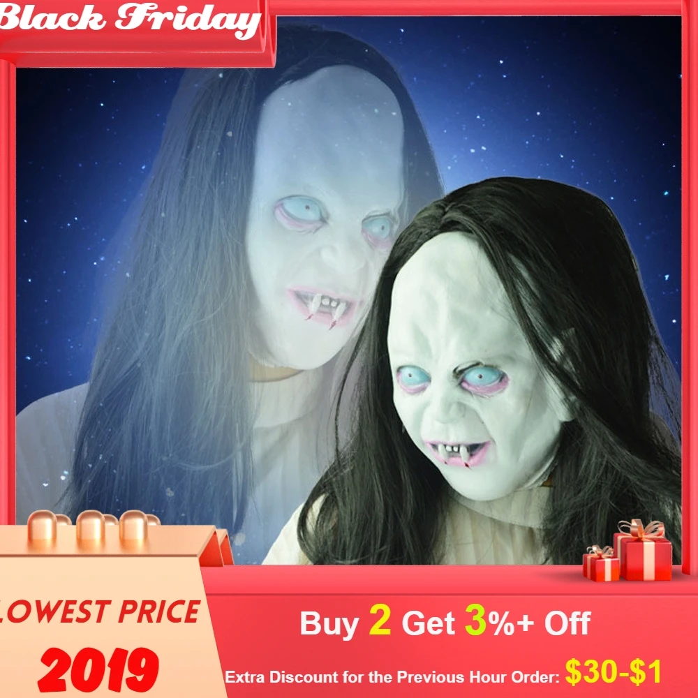Halloween Horror Long Hair Witch Full Face Latex Mask Hot