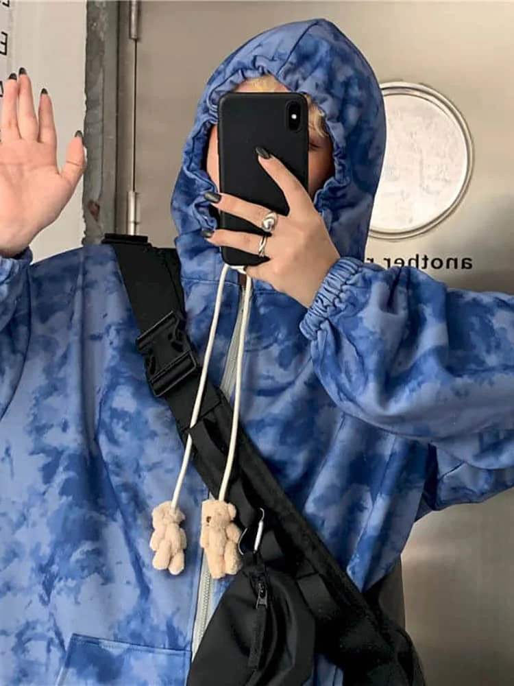 

Spring Autumn Harajuku Tie-dyed Hoodies Women Sweatshirt With Bears Punk Hooded Pullovers Hip Hop Streetwear Female Clothing