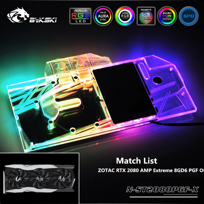 

Водяной блок Bykski с полным покрытием для графического процессора ZOTAC RTX 2080 AMP Extreme 8GD6 PGF OC, охладитель радиатора RGB/RBW