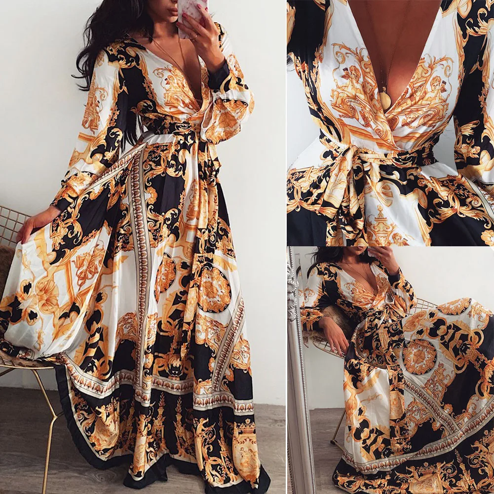 

Women Floral Print Long Sleeve V-Neck Boho Dress Vintage Holiday Evening Party Dresses Loose Long Split Bandage Dress Fall New