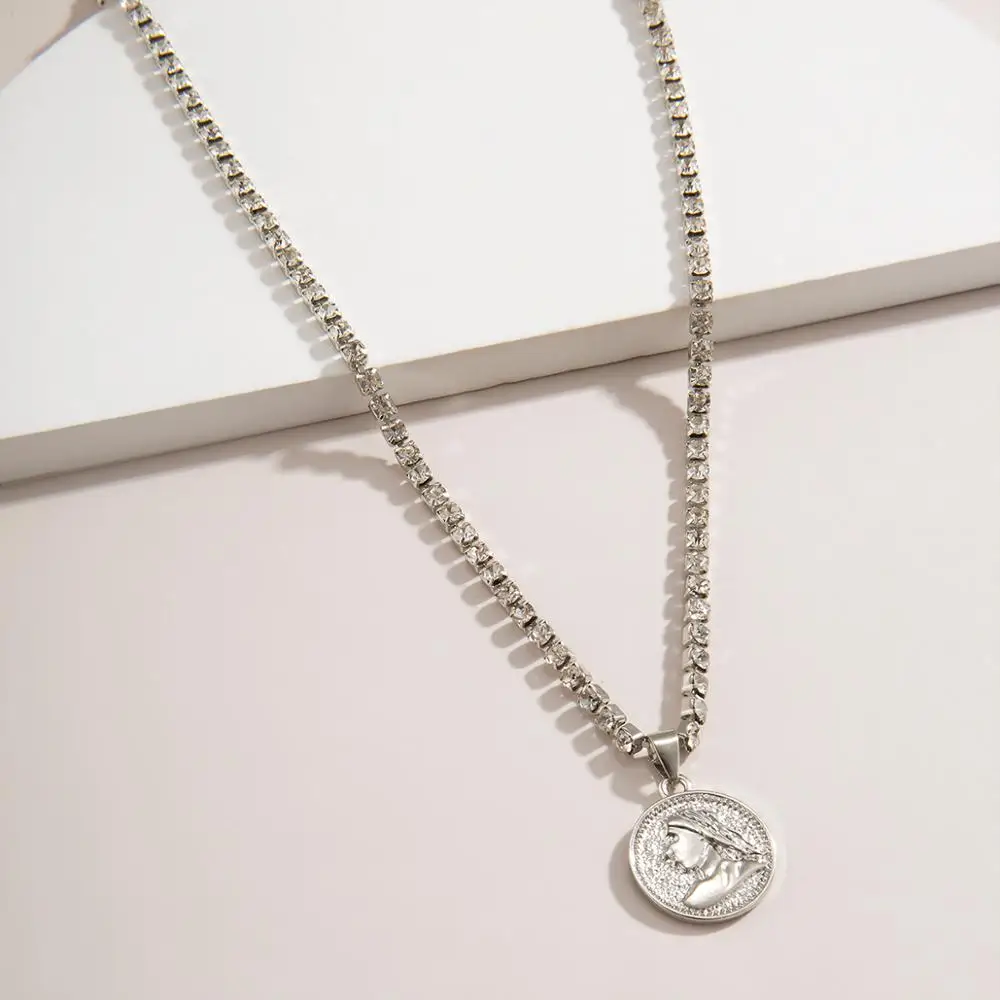 

IngeSight.Z Simple Minimalist Rhinestone Crystal Chain Choker Necklace for Women Statement Carved Coin Pendant Necklaces Jewelry