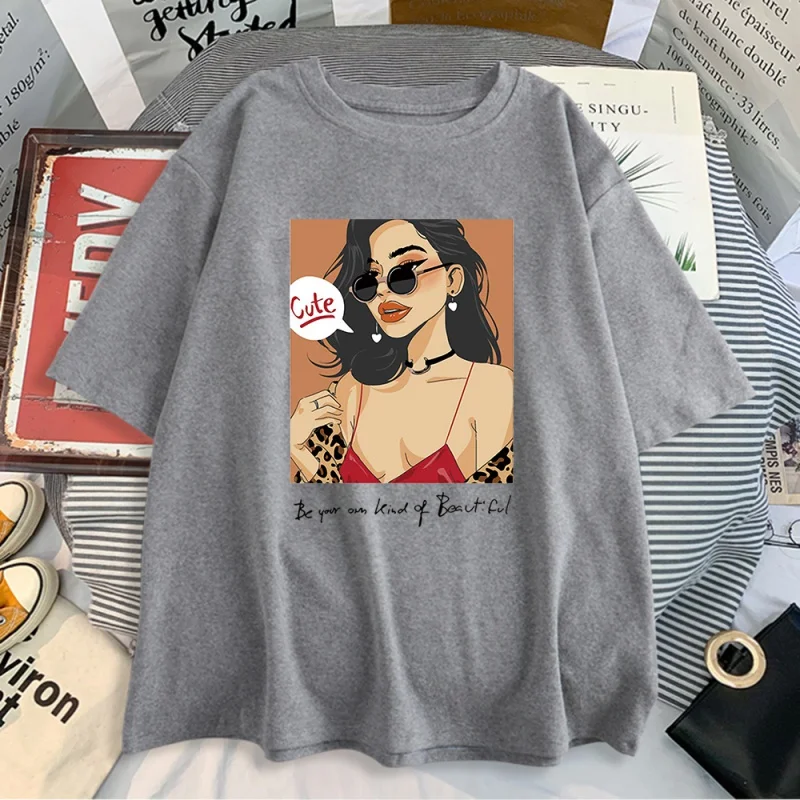 

Camiseta feminina divertida, mangas curtas casuais, gola redonda, moderno