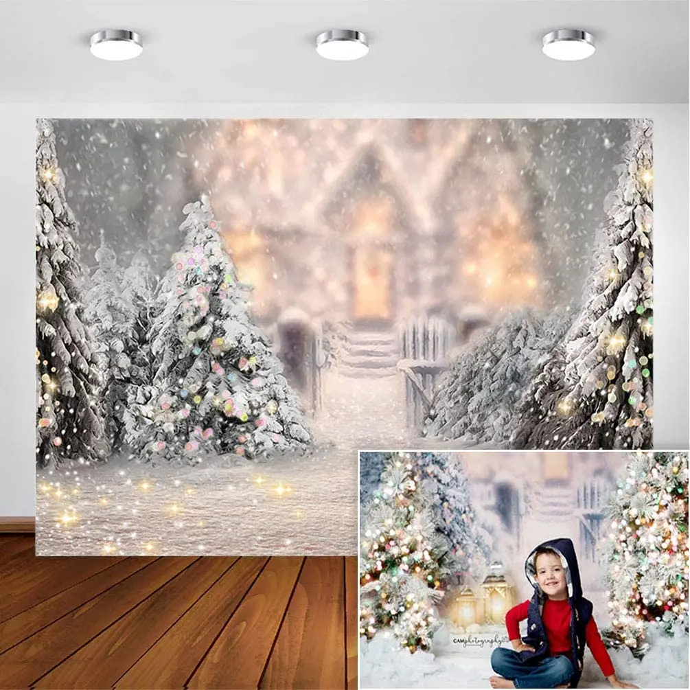 Winter Snow Christmas Photography Backdrops 7x5ft Vinyl White Snow Xmas Tree Glitter Decoration Kids Portrait Photo Ackground