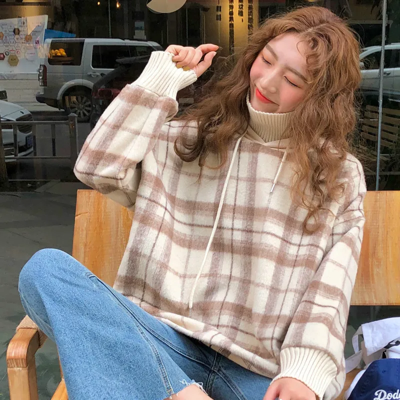 Толстовка в клетку с высоким воротником и капюшоном Корейская толстовка