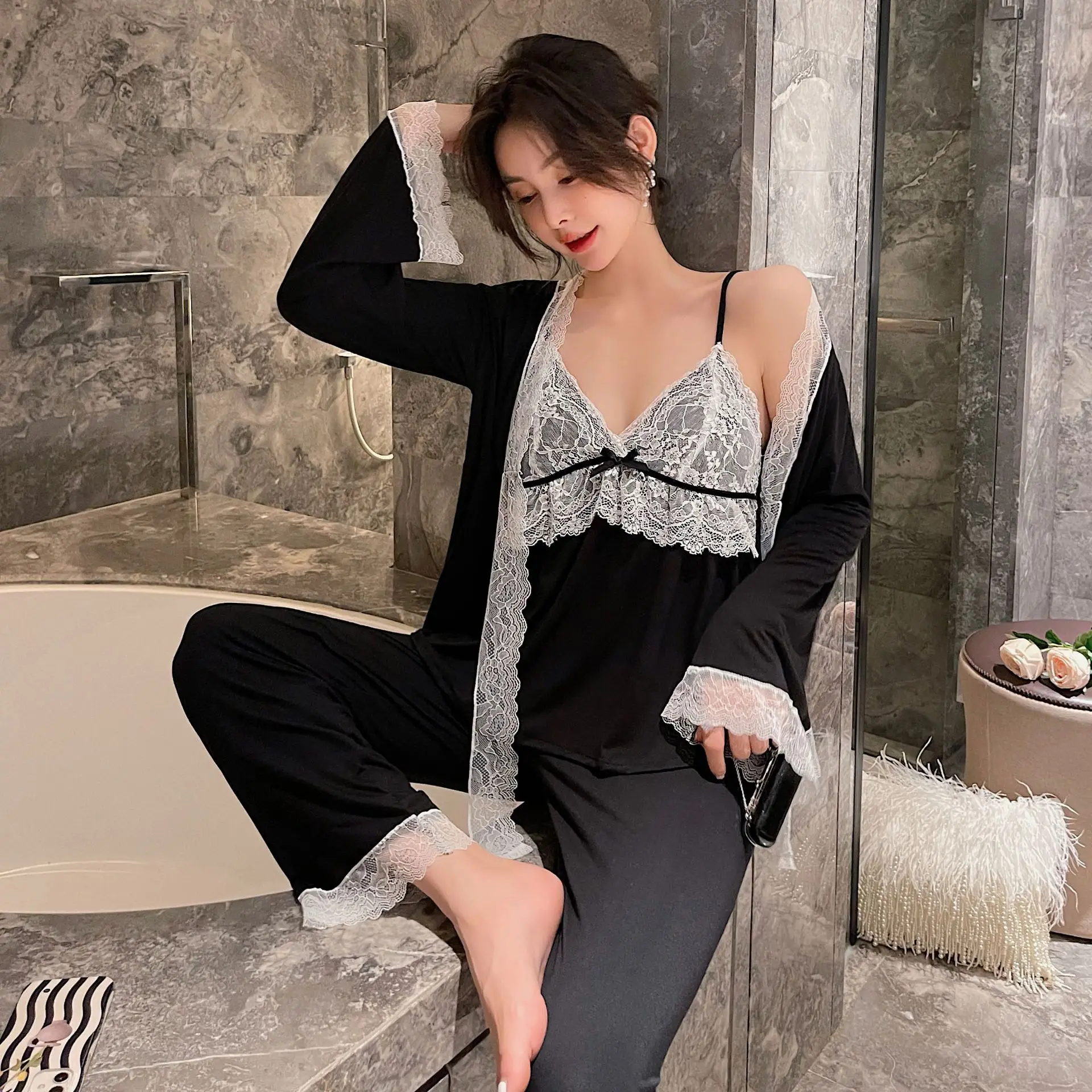 

Spring Autumn Women Modal Cotton Sleepwear 3 Pieces Pajamas Set Sexy Lace Palace Pyjamas Loungewear Vest Trousers Pajama Suit