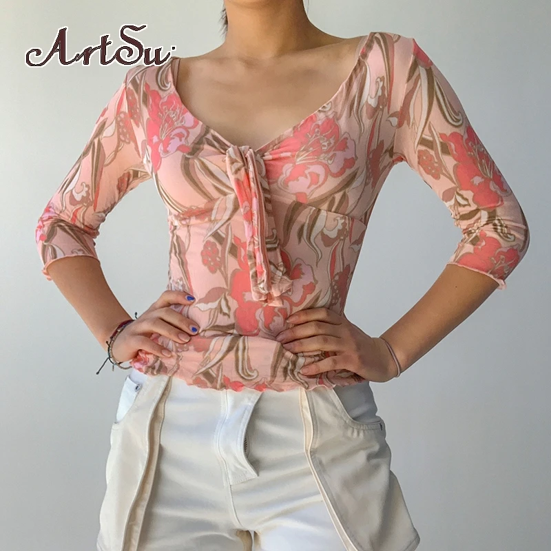 

ArtsuPink Цветочная Милая рубашка Y2K футболка Фея Kawaii женская одежда v-образный вырез на шнуровке галстук-бабочка футболка осень