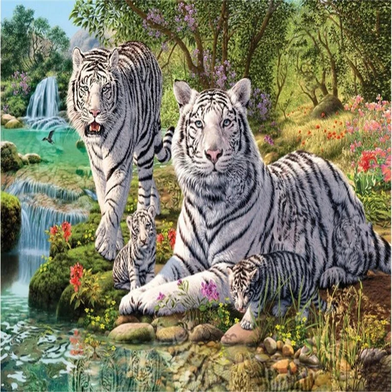 Custom photo 3d Self Adhesive wallpaper Non-woven Green forest white tiger living room background decoration painting murals |