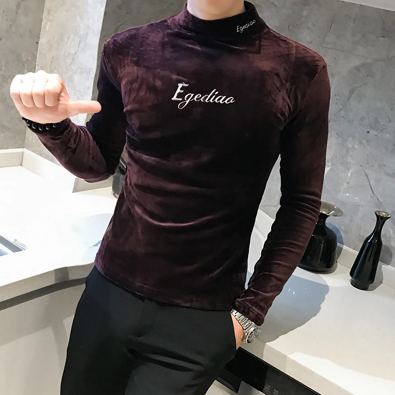 Уличная футболка Мужская модная бархатная с вышивкой высоким воротником и