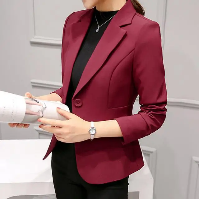 297 wine red Тонкий Женский блейзер Осенняя модная куртка Женский офисный однотонный Карманный деловой блейзер с вырезом Женское пальто плюс размер S-5XL - Цвет: 297 wine red